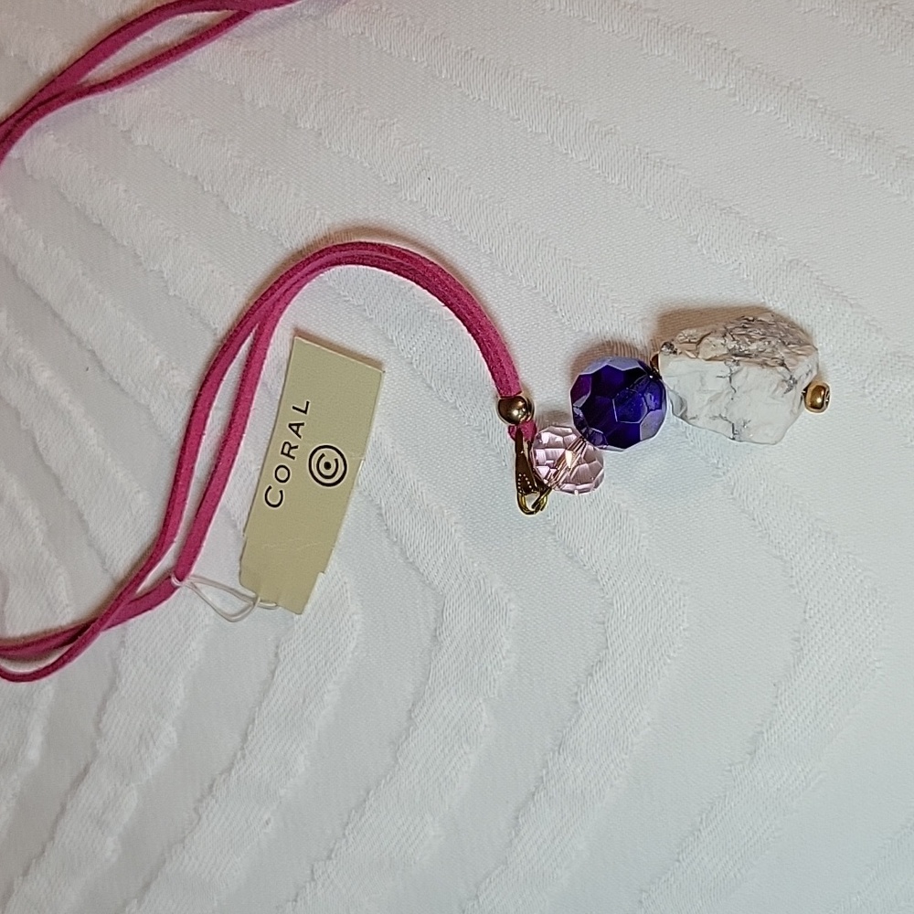 NECKLACE Pink Suede Adjustable CORAL Brand PINK white & blue violet stones